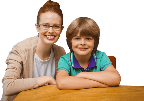 Caucasian female teacher with schoolboy at desk on transparent background