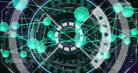 Futuristic digital interface with holographic spheres and data projection