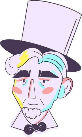 Illustration of abraham lincoln in purple top hat on transparent background