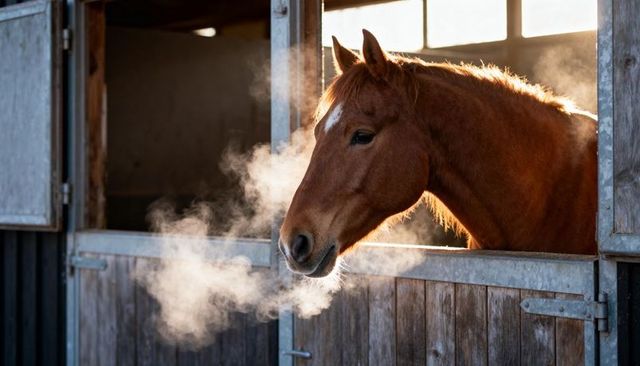 Chestnut horse breathing visible vapor over rustic stable door at dawn backlit rimlight