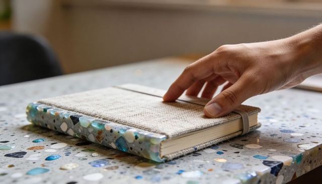 Right hand lifting linen-covered journal on terrazzo tabletop revealing cream sketch pages