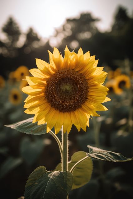 Bright sunflower standing tall in a field at dusk with vibrant yellow petals and green leaves. Suitable for nature backgrounds, gardening themes, summer promotions, or environmental awareness projects.