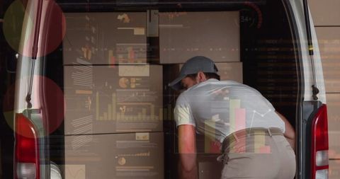 Overlay of Financial Data on Delivery Worker in Warehouse Scene