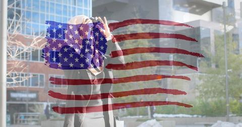 American Flag Overlay on Diverse Female Photographer in Urban Setting