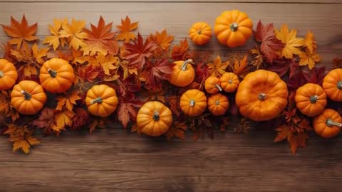 Rustic Autumn Display with Pumpkins and Leaves on Wooden Table