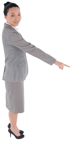 Asian businesswoman smiling and pointing on transparent background