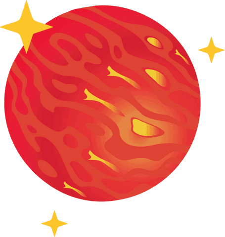 Flat design red planet with orange swirls on transparent background