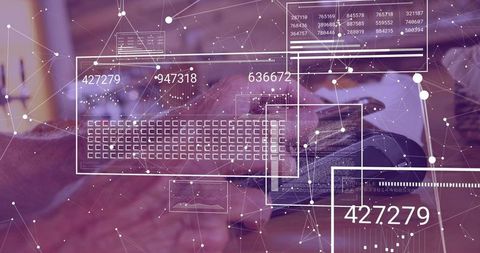 Senior Man Typing on Laptop with Data Visualization Overlays and Network Analytics