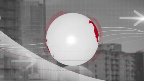 Digital Globe with Data Arrows Over Cityscape Background