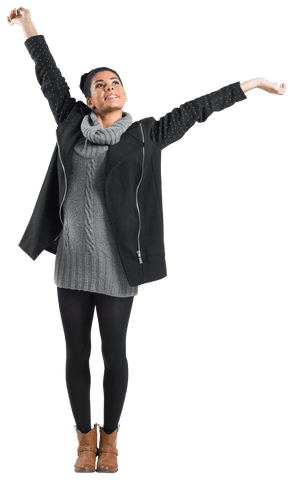 transparent cheerful woman lifting arms in stylish winter outfit - Download Free Stock Videos Pikwizard.com
