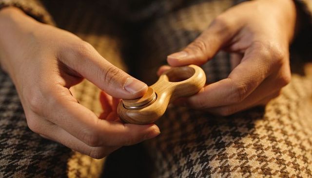 Pressing wooden fidget spinner on houndstooth lap, hands spinning toy warm closeup
