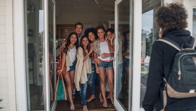 Friends greeting returning traveler at home doorway, casual summer reunion on patio