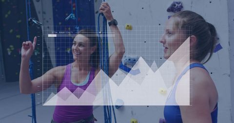 Women climbing gym technology concept with data overlay