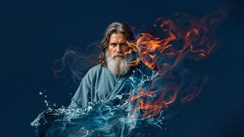 Martial arts master merging elements of fire and water