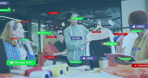 Fashion designers presenting garment with augmented reality likes and subscriber overlays
