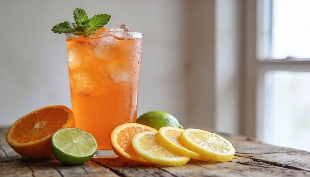 Chilling sunlit orange iced beverage with mint and citrus slices on rustic wooden table