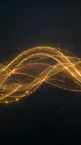 Vertical golden light ribbons flowing across deep navy backdrop with sparks and particle motion