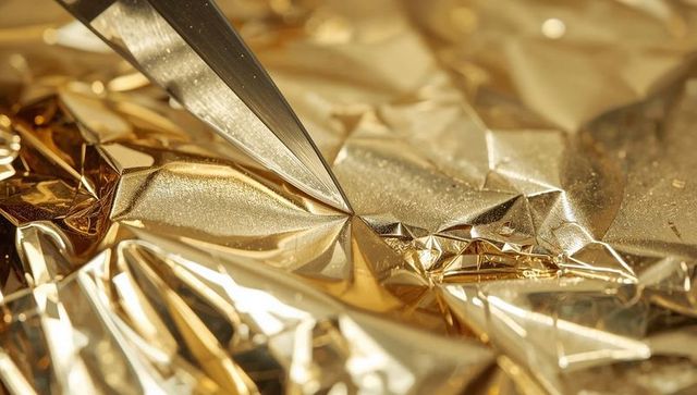 Knife pressing tip into crumpling gold foil macro closeup with reflective metallic highlights
