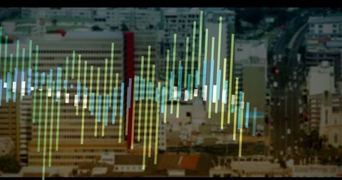 Cityscape with Digital Data Visualization Overlay on Urban Scene
