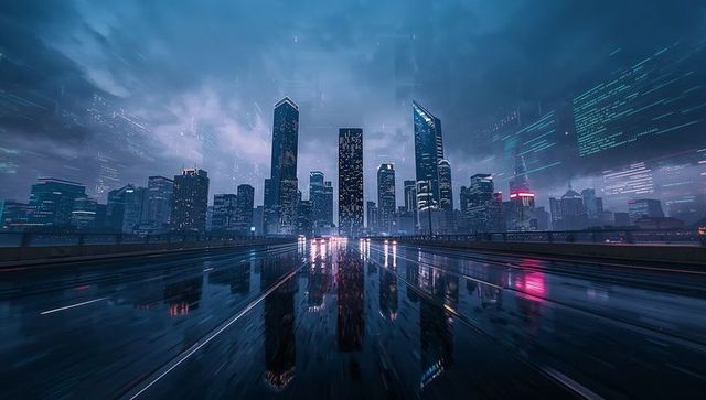 Neon Rain Cityscape Reflecting on Wet Overpass with Futuristic Light Trails
