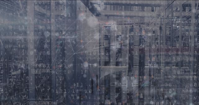 Composite of binary coding data processing over computer servers. Global computing, connections, digital interface and data processing concept digitally generated image.