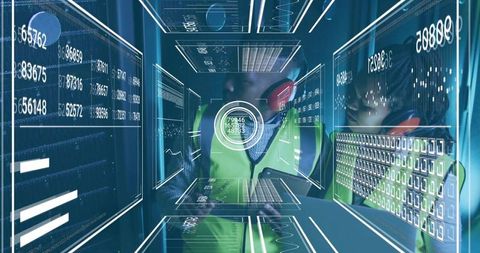 Engineers Analyzing Data in Futuristic Digital Environment