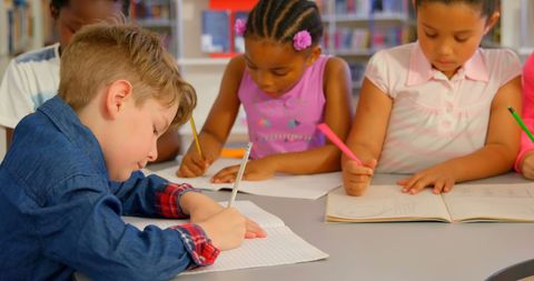 Diverse Schoolchildren Focused on Writing Together in Library - Download Free Stock Images Pikwizard.com