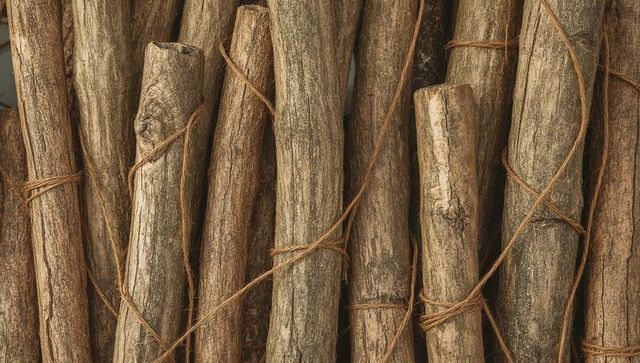 Rustic bound logs with twine closeup showing bark texture, knots and timber grain