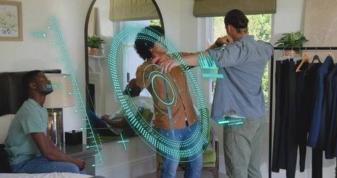 Ar tailoring fitting with mirror overlay measuring body while stylist adjusting collar