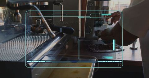 Barista tamping portafilter espresso machine with holographic overlay, backlit reflections