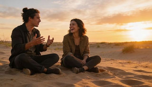 Young couple chatting on sand dune at golden hour sunset, warm backlit beach romance