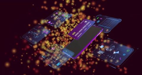 3D smartphone revealing purple fintech card with holographic financial dashboards