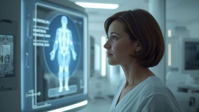 Female clinician analyzing holographic skeleton in futuristic medical lab