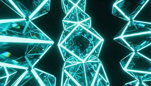 Neon-edged crystal column refracting cyan light futuristic geometric prism facets & symmetry