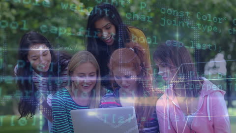 Excited Schoolchildren and Teacher Exploring Science with Data Overlay