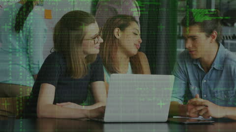 Students Collaborating on Laptop with Data Overlay