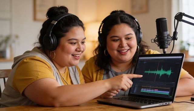 Podcast duo editing waveform on laptop with microphone, home studio collaboration