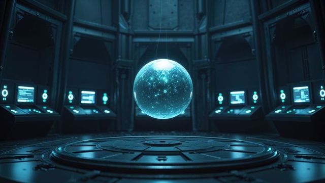 Mystical Blue Holographic Sphere in Futuristic Tech Lab