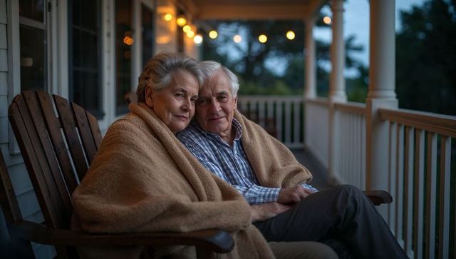 Senior couple snuggling on porch at dusk wrapped in blanket with warm string lights