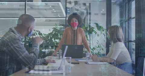 Team Collaborating in Modern Office with Digital Network Overlay