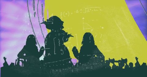 Innovative classroom silhouette with teacher and equations