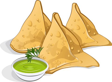Tantalizing golden samosas with green chutney on transparent background