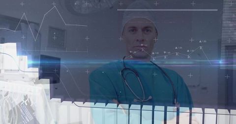 Standing surgeon wearing teal scrubs and stethoscope with digital medical data overlays