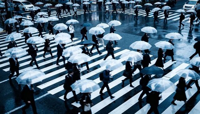 Rush hour commuters carrying clear umbrellas crossing wet zebra crosswalk, urban motion