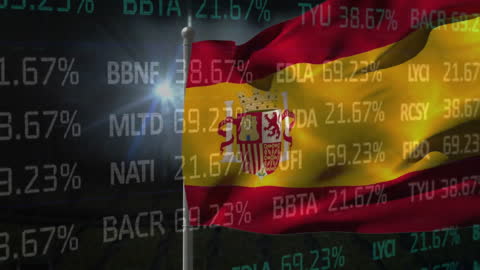 Spanish Flag with Financial Data and Stock Market Animation