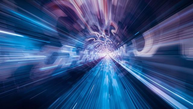 Racing neon tunnel streaming data light burst futuristic cyber corridor