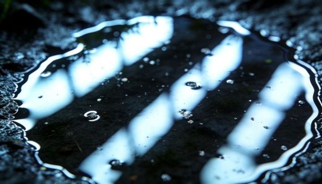Reflecting diagonal light bands in shallow puddle on rough pavement with bubbles