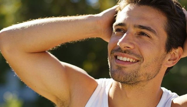 Smiling young man relaxing in sunny park, hands behind head, casual white tank top
