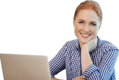 Businesswoman with Laptop on White Background Smiling Brightly