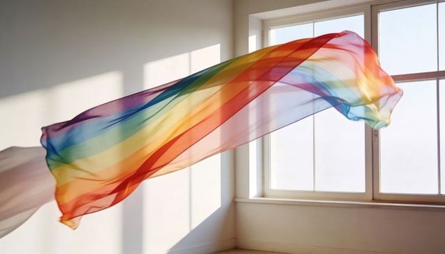 Sunlit sheer rainbow fabric floating across minimalist window, colorful flow and motion